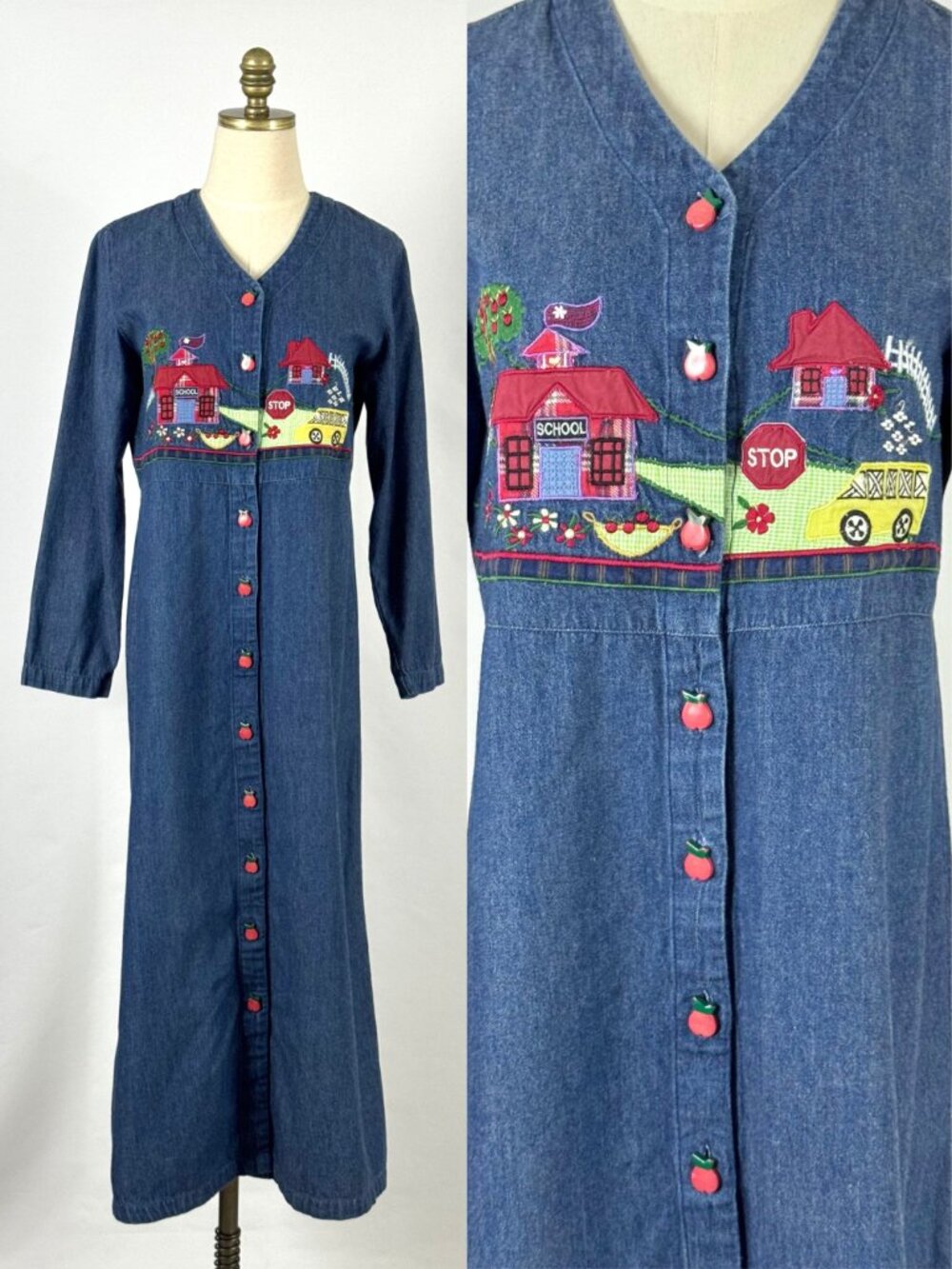Vtg 90s School Teacher Denim Maxi Dress APPLE BUTTONS Applique Button Front